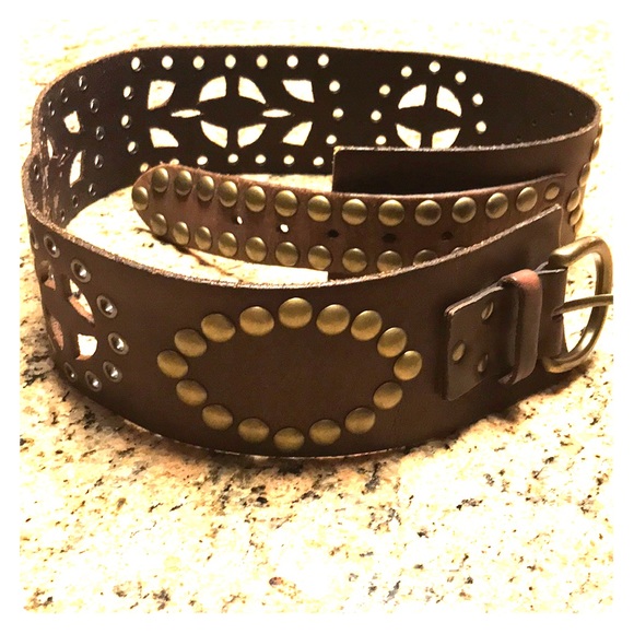 Wide brown leather belt with cutouts and studs main image 5